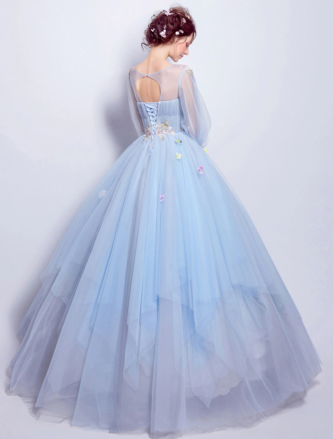 Wholesale  Ball Gown Elegant Floral Puffy Quinceanera Engagement Dress Illusion Neck 3/4 Length Sleeve Floor Length Tulle with Pleats Appliques